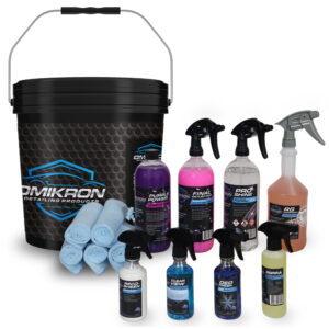 Omikron Bucket Detailing Kit contents with bucket and bottles
