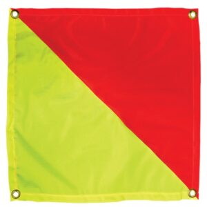 Safety flag with eyelets 450x450mm tied to the rear of a projecting trailer load