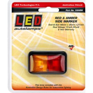 Red amber side marker lamp with black housing and clip-in lens