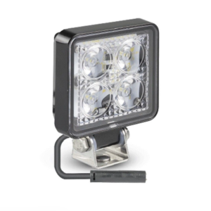 Square LED work lamp with black housing and stainless mounting bracket