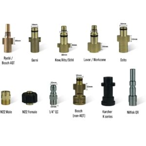 Foam cannon adaptor for Omikron showing multiple pressure washer fitting types