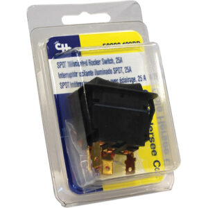 24V amber rocker switch with black actuator and snap-in body
