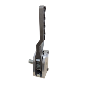 Left hand curtain ratchet tensioner with bent handle