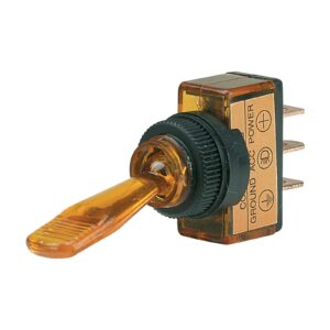 SPST Off/On 12V amber illuminated toggle switch with push-on terminals, 20A rating and 12.5mm diameter mounting opening. Part number 60050BL.