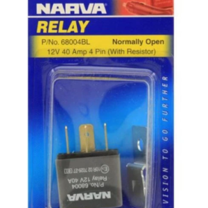 Narva 12V 40A normally open 4 pin relay with resistor protection, supplied as a blister pack of 1. Part number 68004BL.