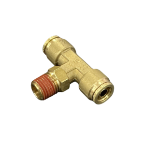 Brass swivel male branch tee with two 3/8in push-in tube ports and 1/4in NPT thread