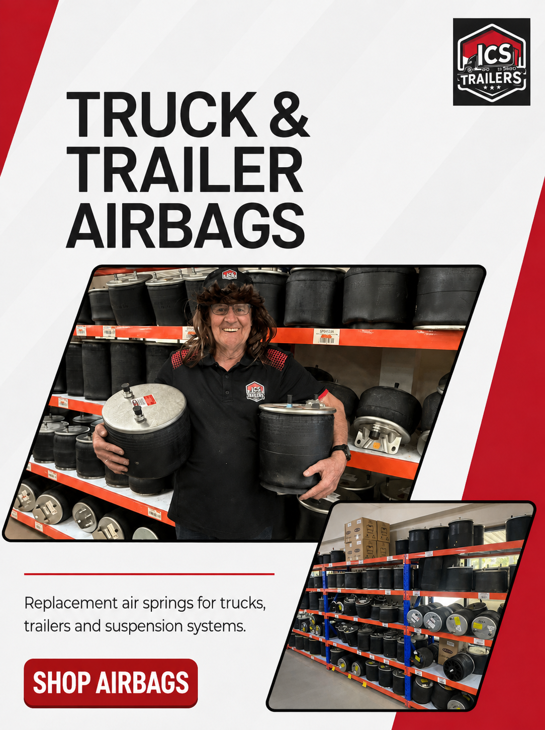 ICS Trailers staff member holding two truck and trailer airbags beside shelves stocked with replacement air springs.