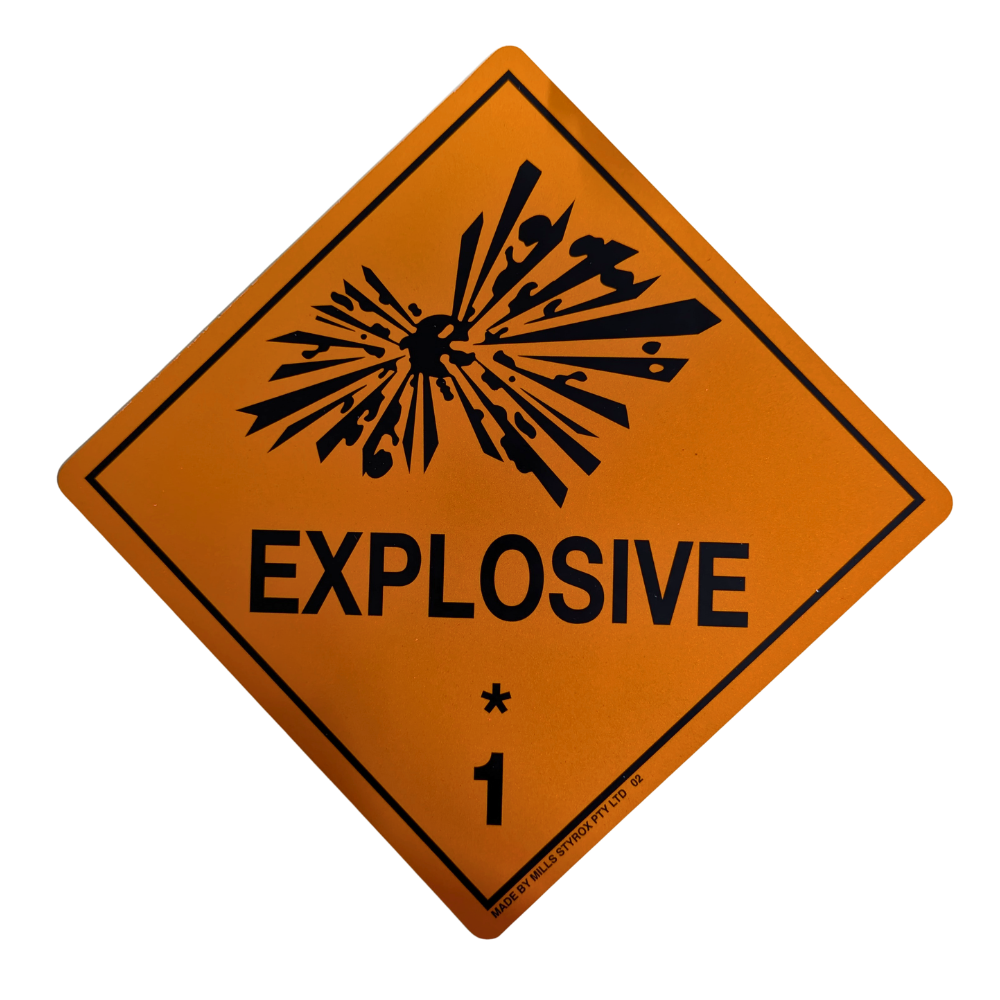Class 1 Explosive Sign 250x250mm orange diamond with black exploding-bomb symbol and class numeral 1