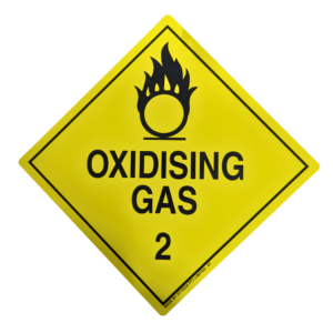 Class 2 Oxidising Gas Sign 250x250mm with yellow diamond and black flame-over-circle symbol