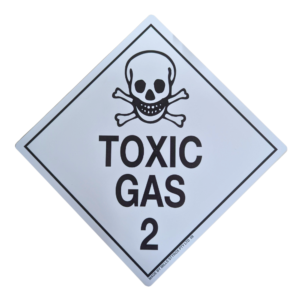 Class 2 Toxic Gas Sign with white dangerous goods diamond and black skull and crossbones symbol
