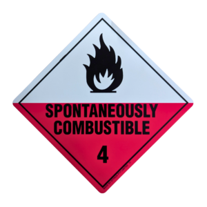 Class 4 Spontaneously Combustible Sign with white and red Division 4.2 hazard diamond and black flame symbol