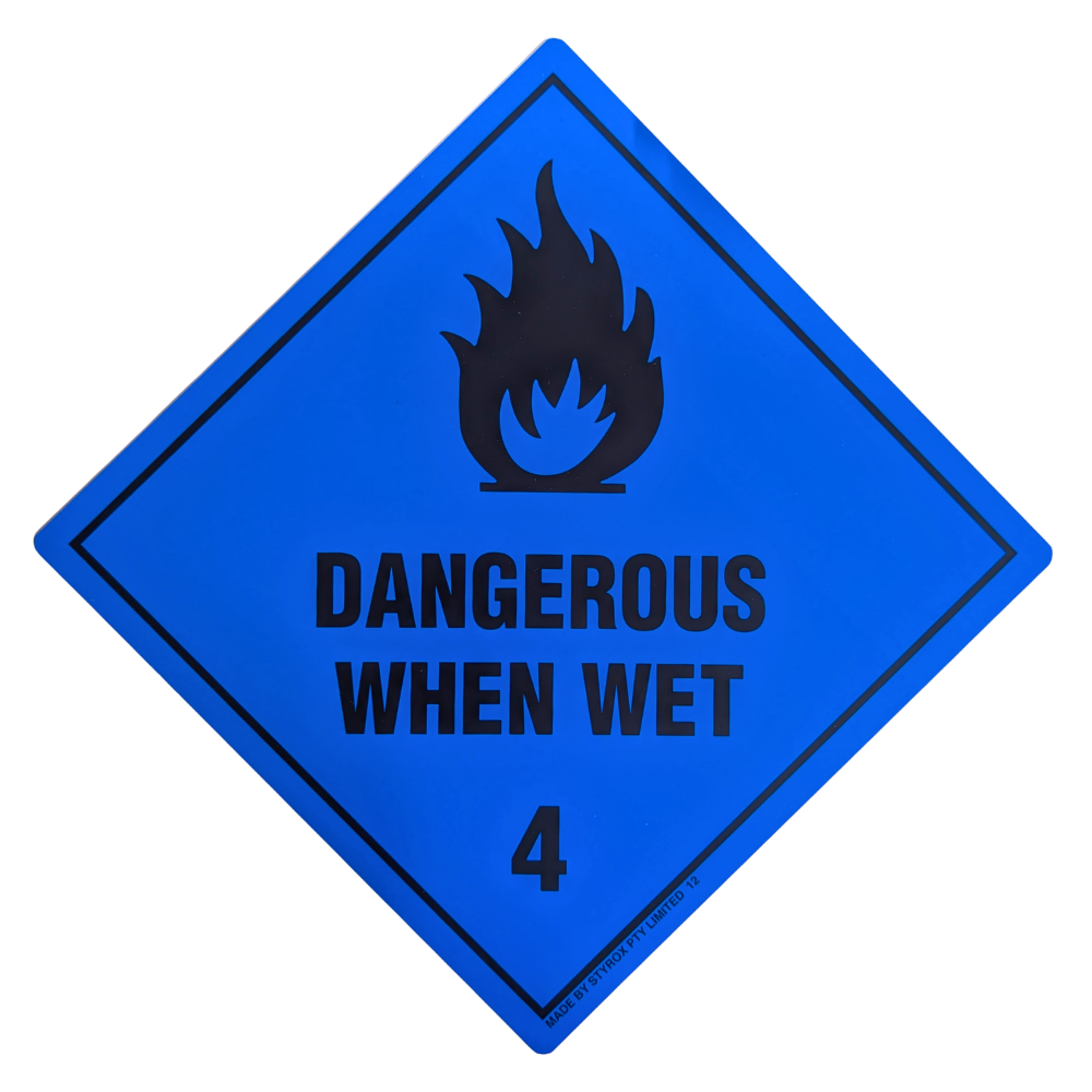 Class 4 Dangerous When Wet Sign 250x250mm blue diamond with black flame symbol and class numeral 4