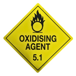 Class 5 Oxidising Agent Sign 250x250mm yellow diamond with black flame-over-circle symbol and Division 5.1 numeral