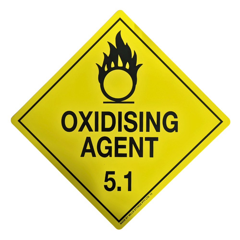 Class 5 Oxidising Agent Sign 250x250mm yellow diamond with black flame-over-circle symbol and Division 5.1 numeral