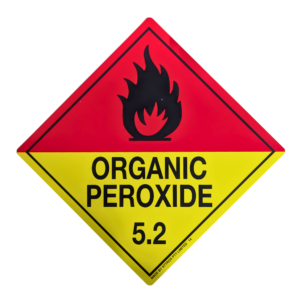 Class 5 Organic Peroxide Sign 250x250mm red and yellow diamond with black flame symbol and Division 5.2 numeral