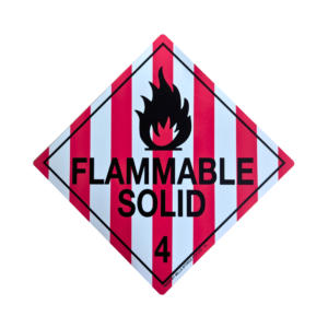 Class 4 Flammable Solid Sign with red and white striped diamond and black flame symbol