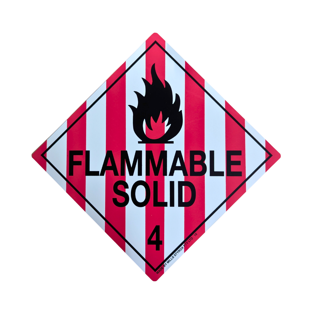 Class 4 Flammable Solid Sign with red and white striped diamond and black flame symbol